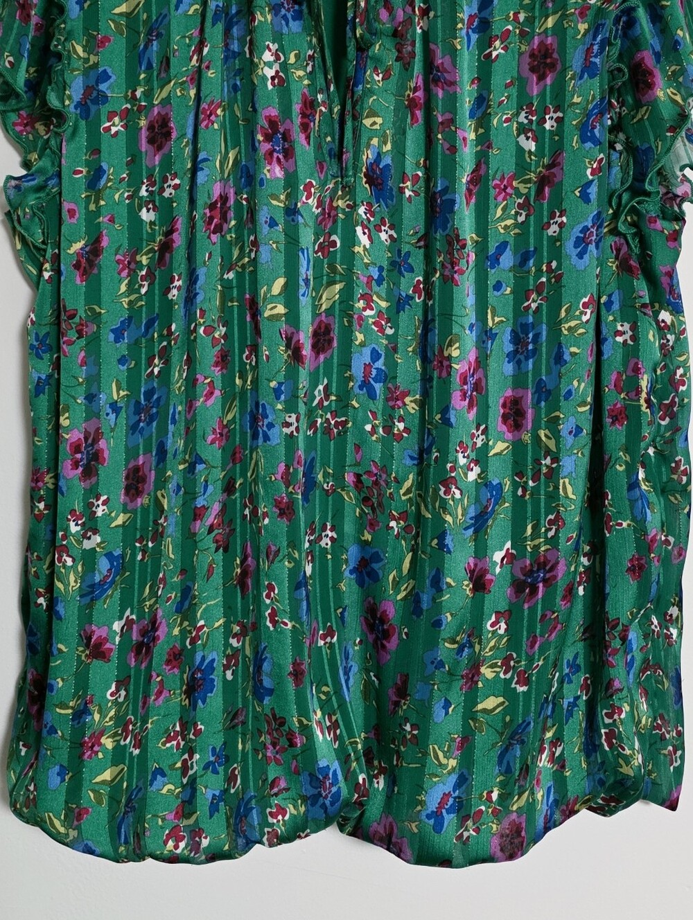Tamara H Floral Pleated Ruffle Neck Flutter Sleeve Blouse Bubble Hem Green Large - Picture 8 of 12